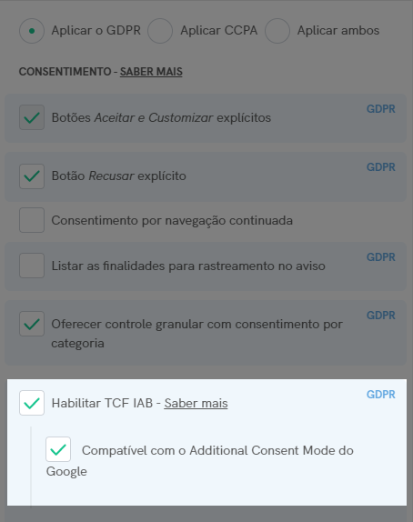 Ativar a Transparency and Consent Framework v2.0