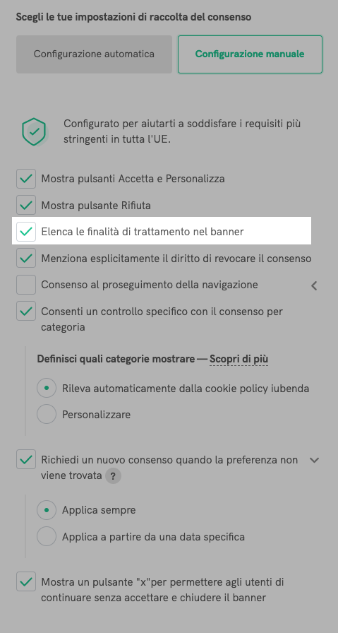 Finalità di trattamento nel banner