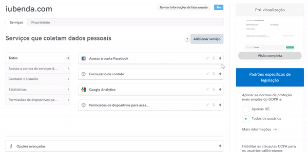 Ativar as obrigações da CCPA para usuários californianos