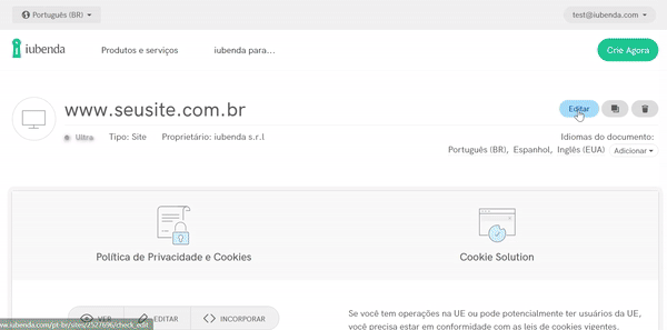 Como mudar o URL do site/aplicativo depois de criar uma política de privacidade/cookies com a iubenda