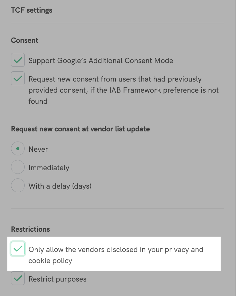 Permitir apenas os fornecedores divulgados em sua política de privacidade e cookies
