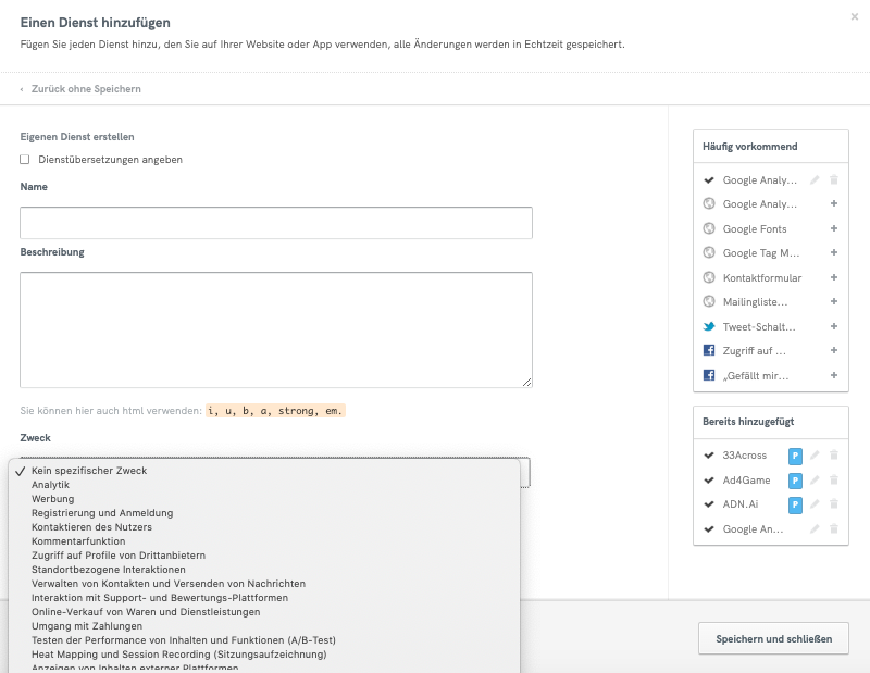 Privacy and Cookie Policy Generator - Assign Purposes