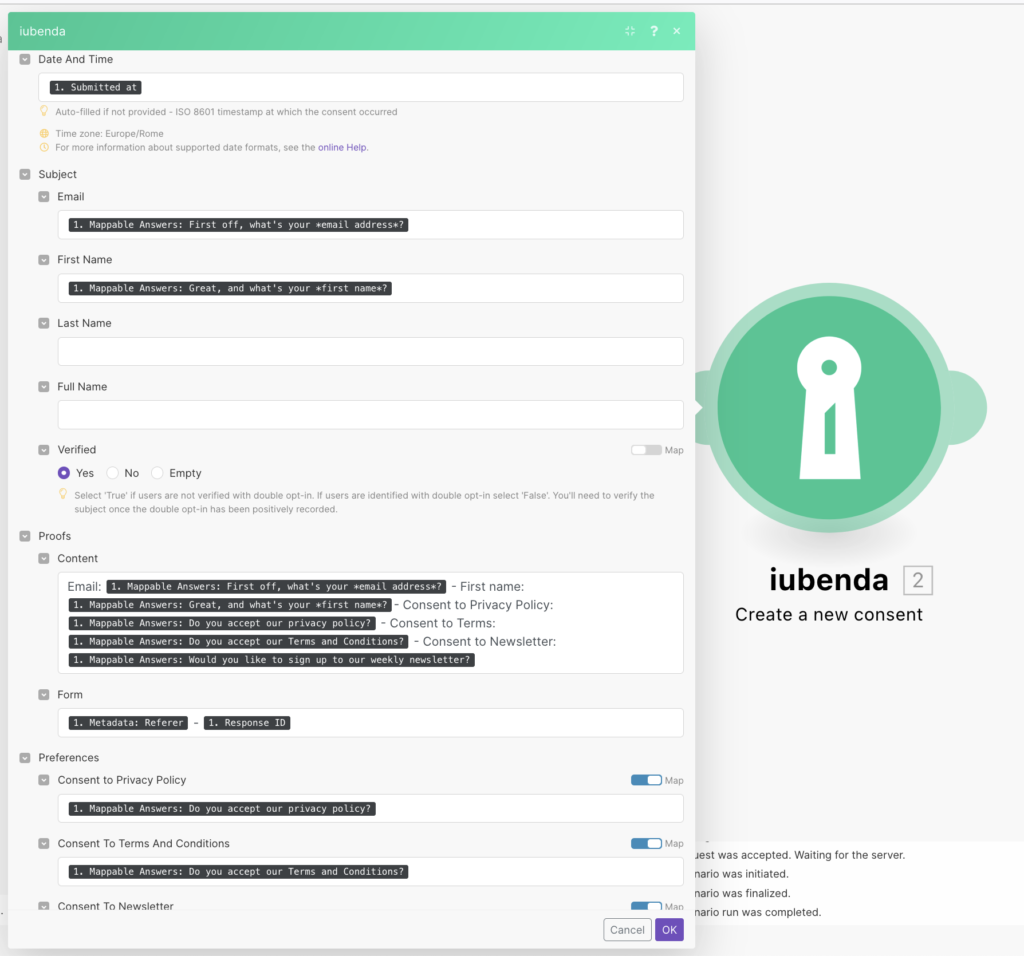 Intégration de Make (Integromat) et de la Consent Solution iubenda 