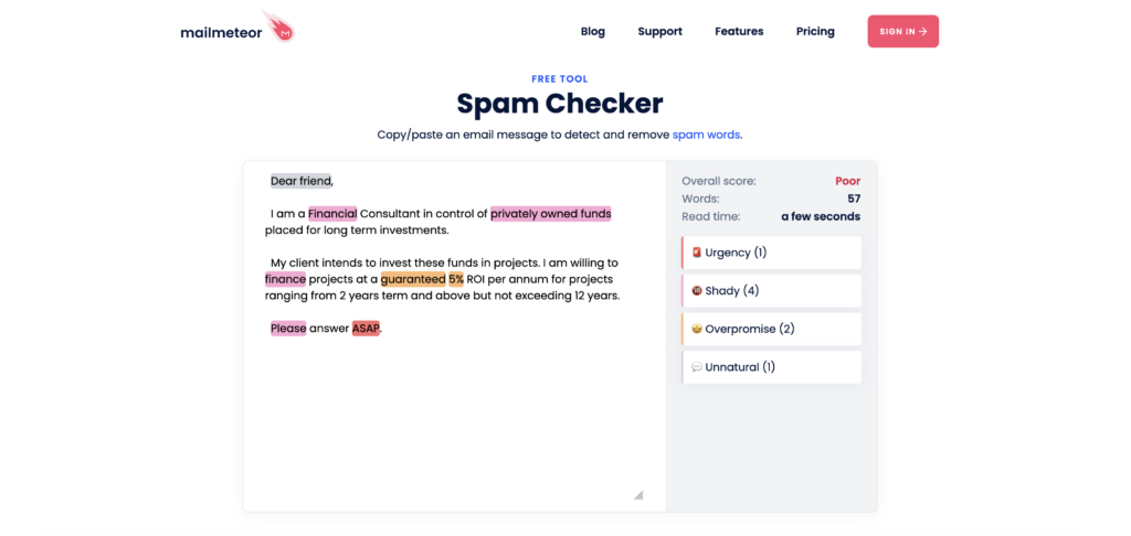 mailmeteor - email spam word checker