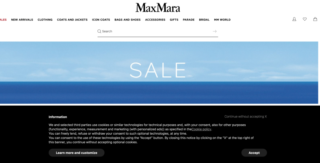 maxmara cookie popup example
