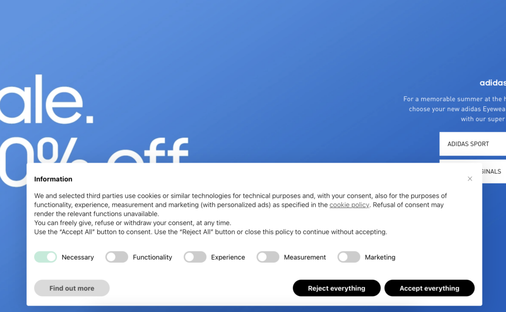 adidas cookie banner examples