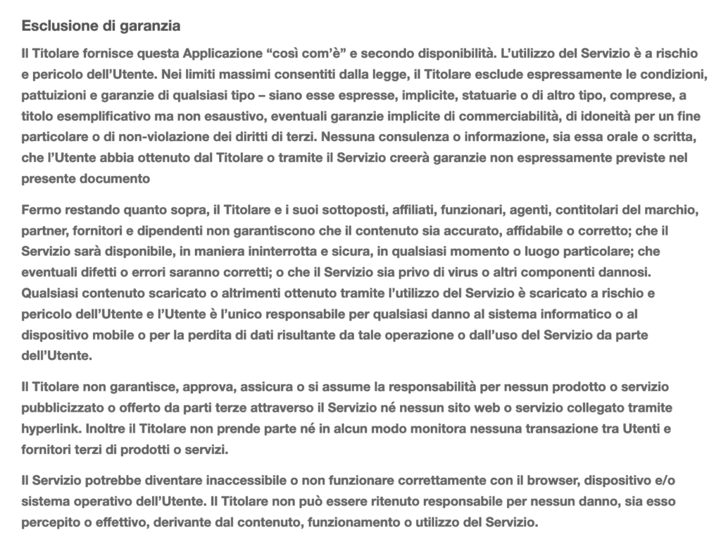 disclaimer esempi - esclusione di garanzia