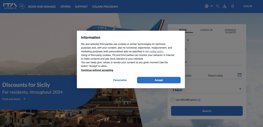 ita airways cookie banner example