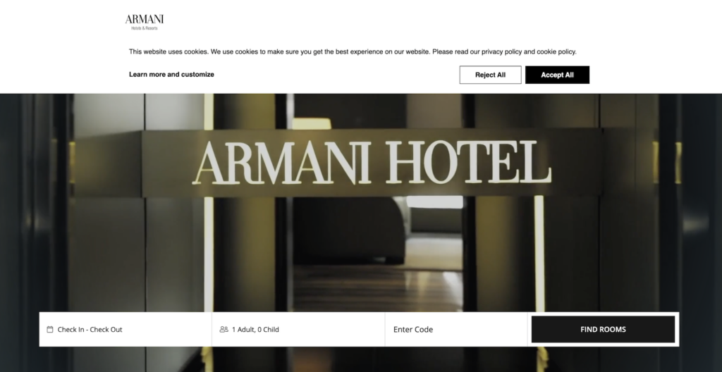 armani hotel cookie popup