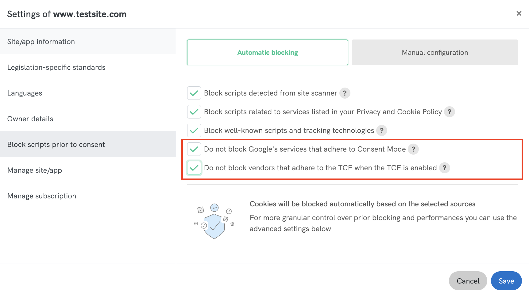 checkboxes google consent mode