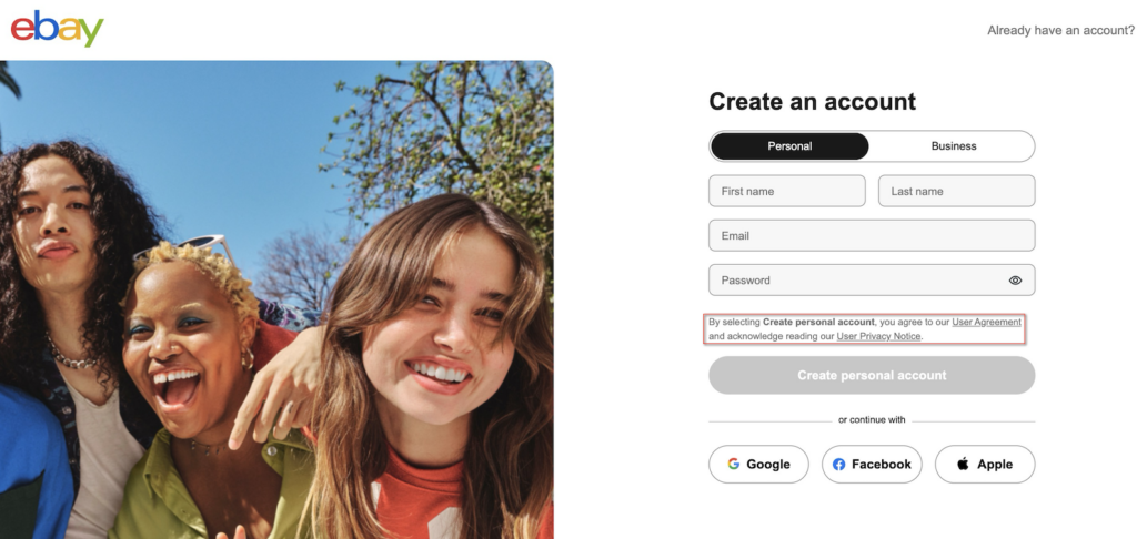 ebay agree to the terms and conditions checkbox