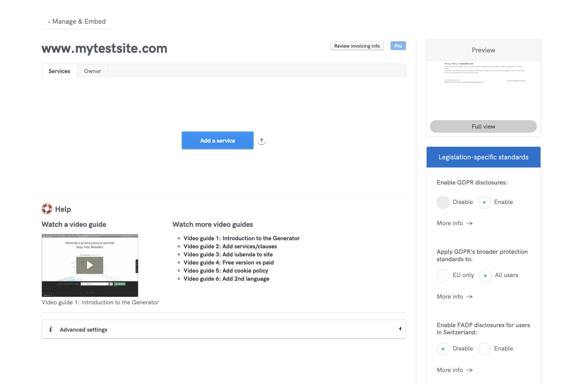 Første opsætning af iubendas PPC i Duda