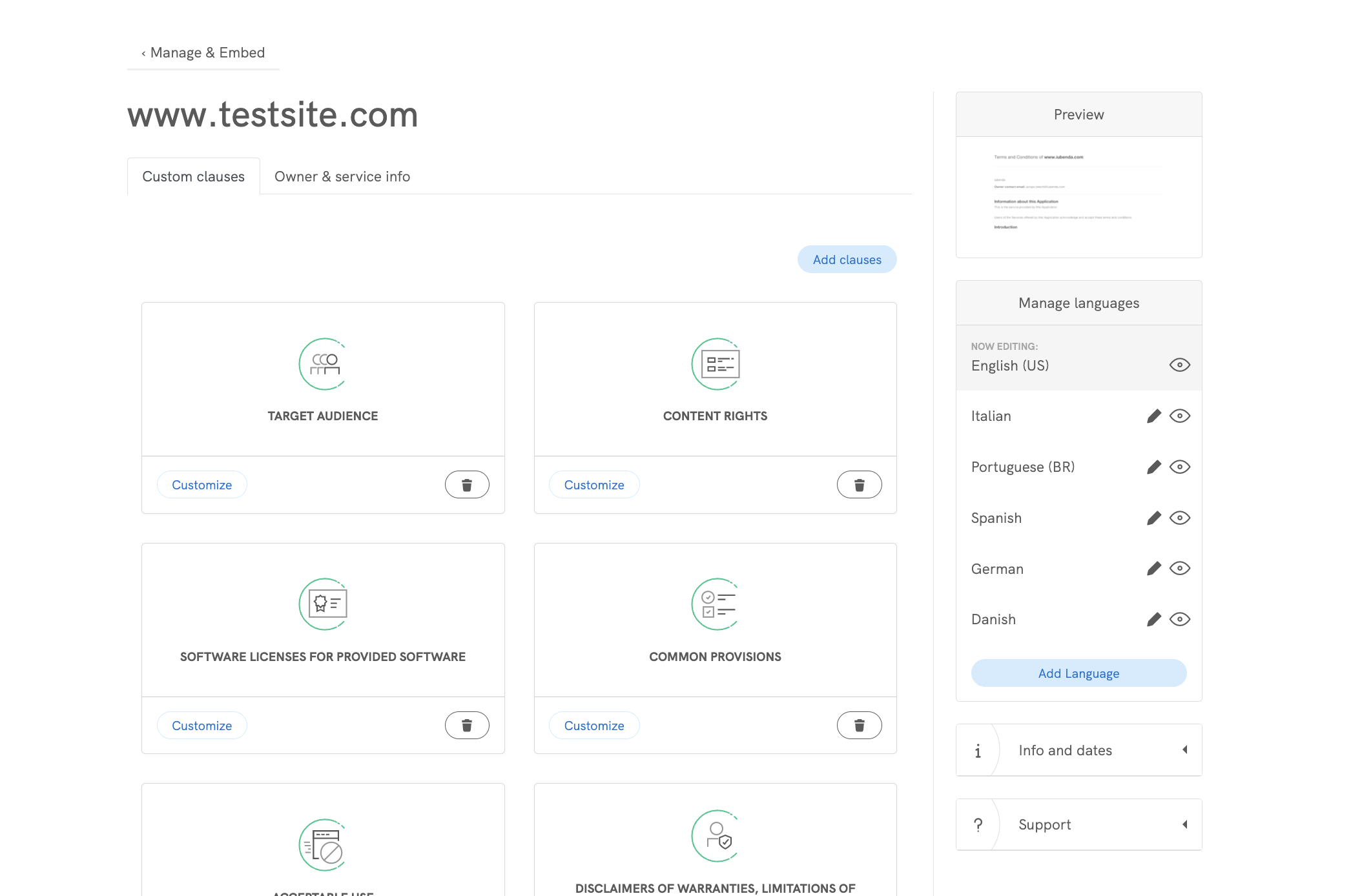 Først opsætning af iubendas vilkår og betingelser i Duda