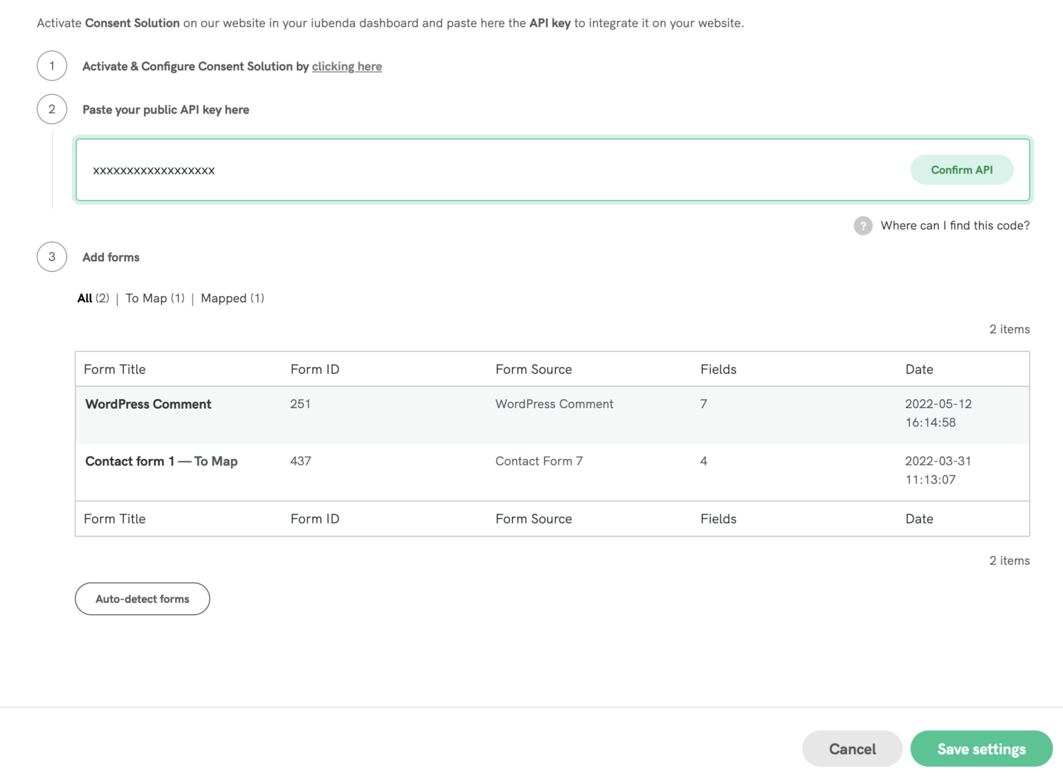 Første opsætning af iubendas database-API-nøgle i Duda