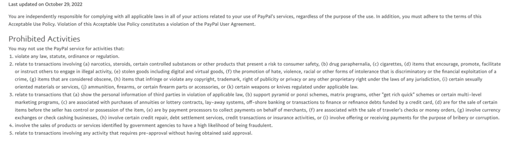 acceptable use policy paypal