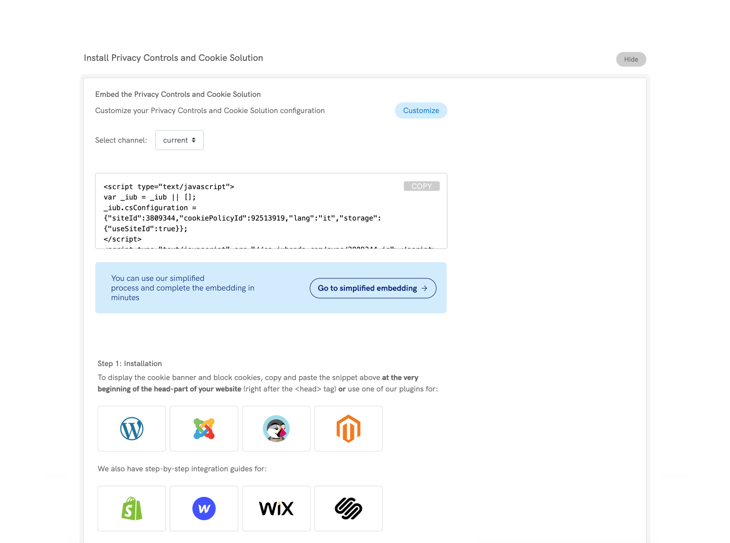 Opción de integración en un clic